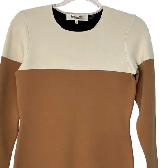 Diane Von Furstenberg Small Merino Wool Blend Sweater Dress Tan Black Colorblock - Picture 3 of 11